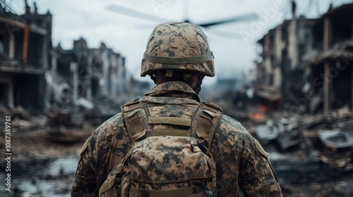 A soldier with a camo rucksack surveys the devastating scene of urban ruins as a helicopter's rotors spin into the chaotic background, embodying resilience.