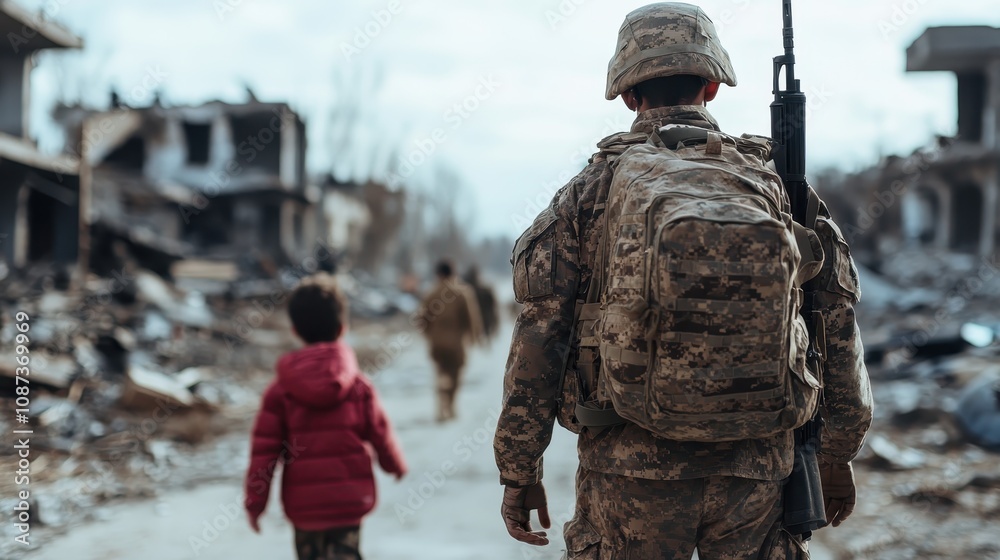 A soldier walks protectively behind a child in red clothing amidst the ruins of a city, highlighting themes of conflict, protection, and innocence.
