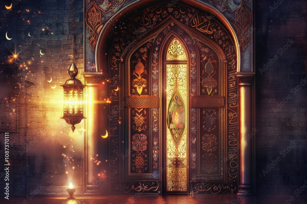 Ornate Door Opens with Golden Light, Architecture and Design in Night Ornate Door Opens with Golden Light, Architecture and Design in Night