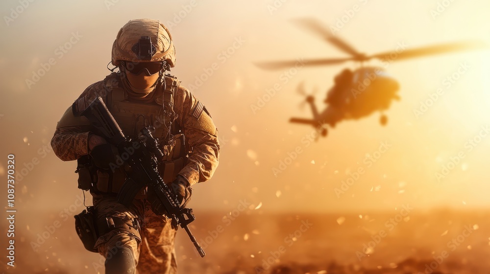 A soldier stands poised in the desert as the sun sets, silhouetted against the dramatic orange sky with a helicopter in the distance, full of determination and purpose. A soldier stands poised in the desert as the sun sets, silhouetted against the dramatic orange sky with a helicopter in the distance, full of determination and purpose.