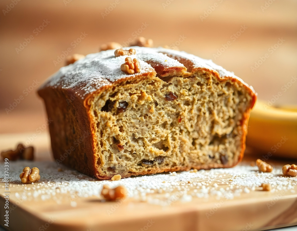 A loaf of banana bread with walnuts and powdered sugar dusted on top A loaf of banana bread with walnuts and powdered sugar dusted on top
