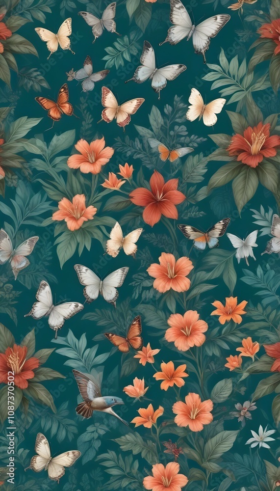 Tropical exotic pattern with animal and flowers in bright colors and lush vegetation Tropical exotic pattern with animal and flowers in bright colors and lush vegetation