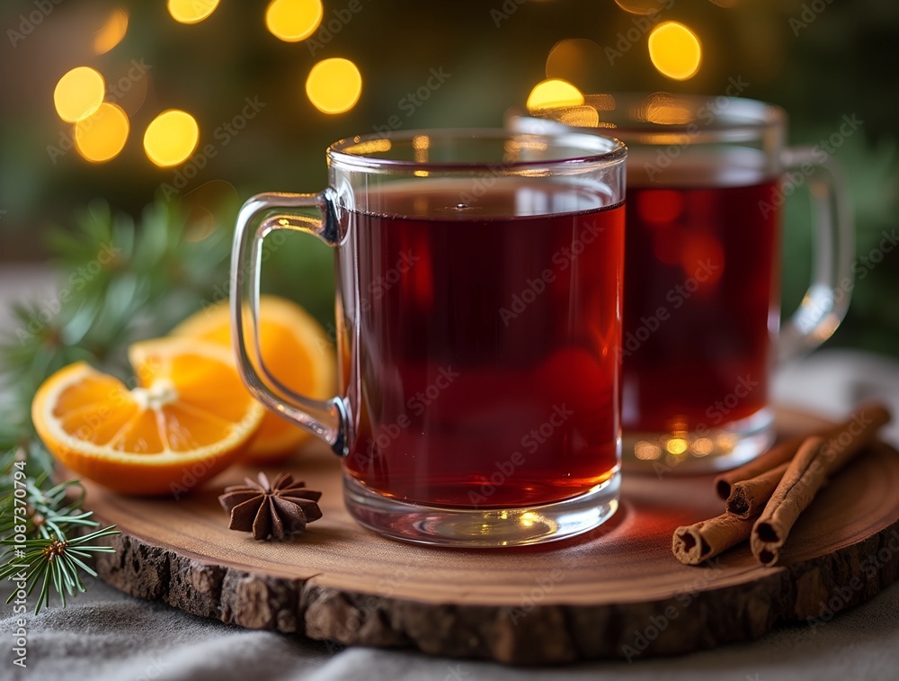 Two glasses of christmas mulled red wine with oranges and spices on wooden rustic table Two glasses of christmas mulled red wine with oranges and spices on wooden rustic table