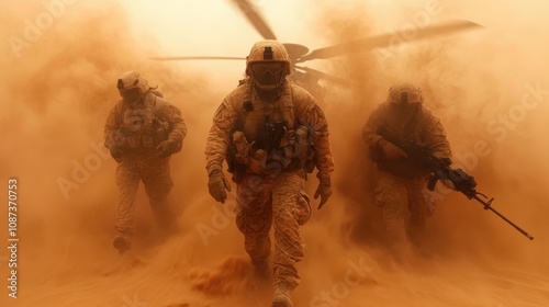 Three soldiers move forward as a team through a thick cloud of desert dust, accompanied by a helicopter, demonstrating teamwork and courage.