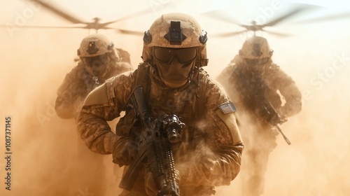 Three soldiers in military attire progress sturdily through sandy terrain, advancing together as a chopper navigates the dusty skies, reflecting perseverance in unity. photo