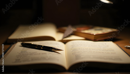 Writing in a journal with a pen on a wooden table at night