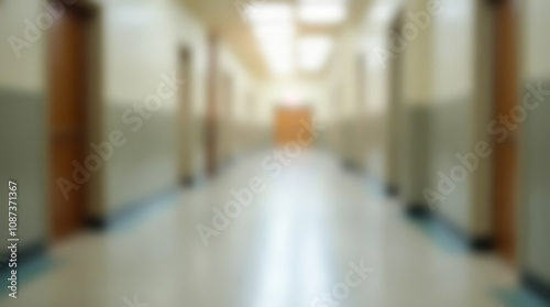 Empty corridor in a school with modern design, bright shades, blurred image