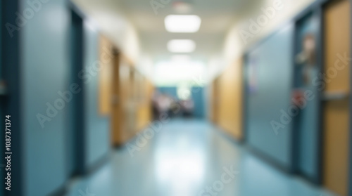 Blurred image of an empty school corridor, bright and modern interior