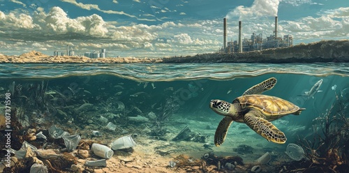 A Sea Turtle Swims Through Plastic Pollution Near an Industrial Plant photo