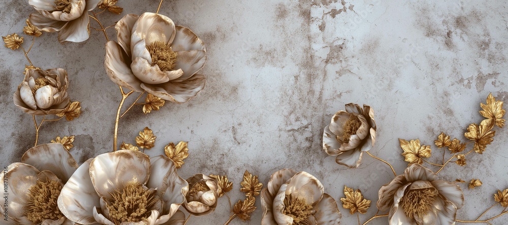 Obraz premium dry gold peony flowers on concrete stone background 6