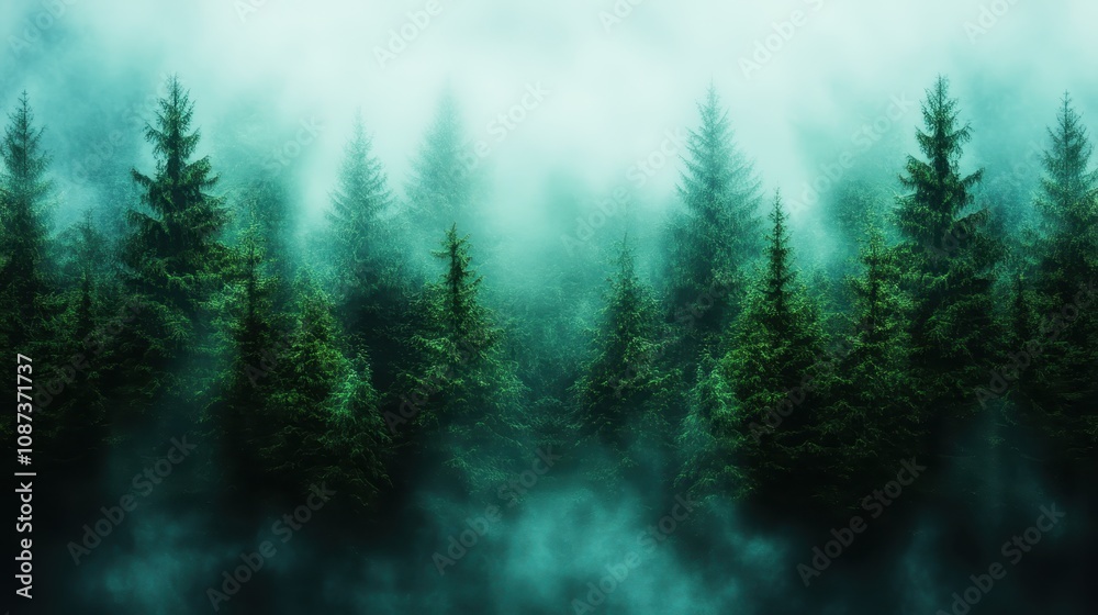A mysterious evergreen forest emerges through the mist, creating a haunting atmosphere with its dense fog and shadowy silhouettes of towering trees.