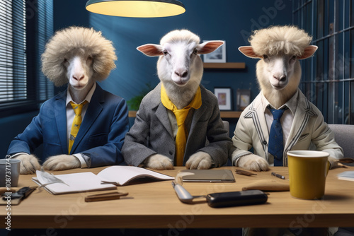 Three sheep in business suits sitting at a meeting room table