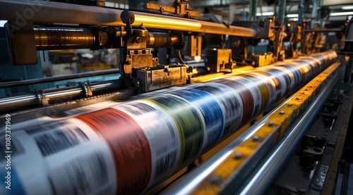 A printing press with colorful newspapers being printed, symbolizing the need for copy.