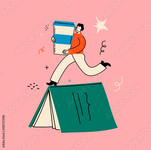 Book concept illustration. Happy man reading books and drinking a cup of coffee. Flat trendy retro vector illustrations isolated on background