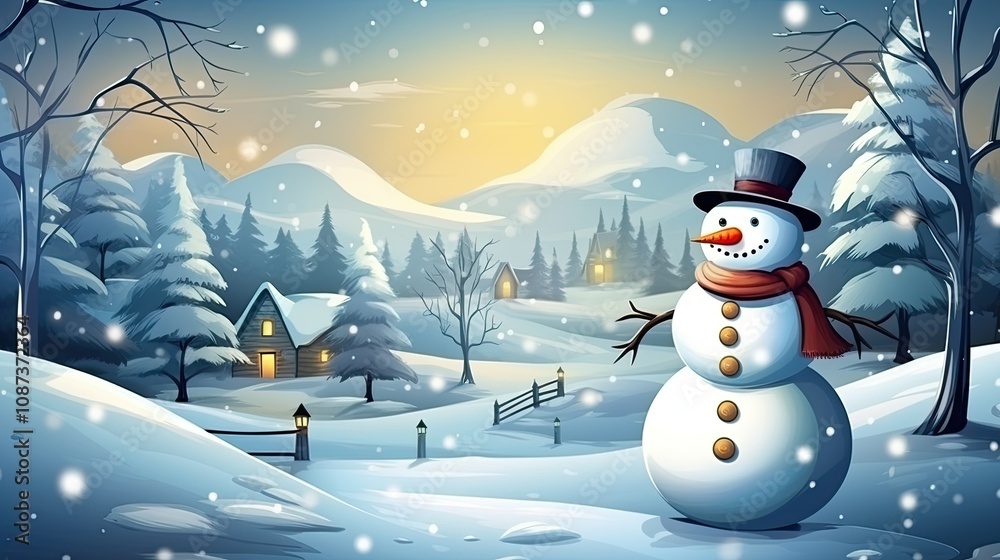 Obraz premium Happy snowman standing in christmas landscape. Snow background with copy space