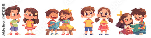 boy and girl friends. children chatting laughing reading book cartoon set, friendship laughter childhood school kindergarten vector illustration