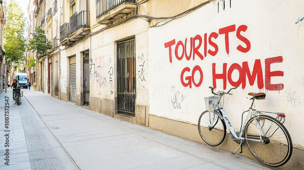 Obraz premium Curvy narrow street with residential buildings and protest graffiti Tourists Go Home, overtourism concept