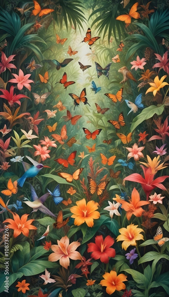 Tropical exotic pattern with animal and flowers in bright colors and lush vegetation Tropical exotic pattern with animal and flowers in bright colors and lush vegetation