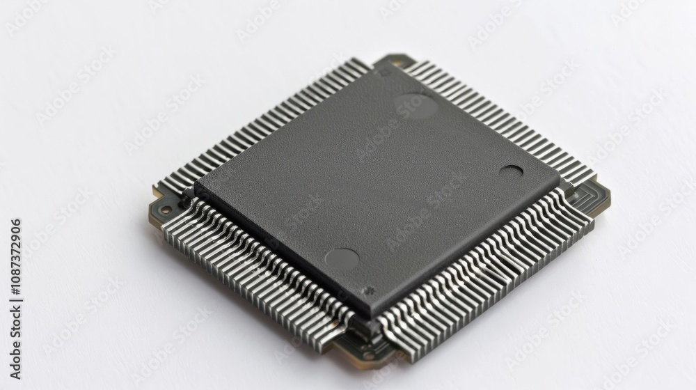 Close-up of semiconductor chip with detailed electronic components and circuits on clean white background, ideal for tech and engineering projects. Close-up of semiconductor chip with detailed electronic components and circuits on clean white background, ideal for tech and engineering projects.