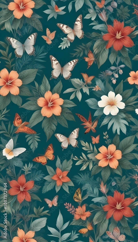 Tropical exotic pattern with animal and flowers in bright colors and lush vegetation Tropical exotic pattern with animal and flowers in bright colors and lush vegetation