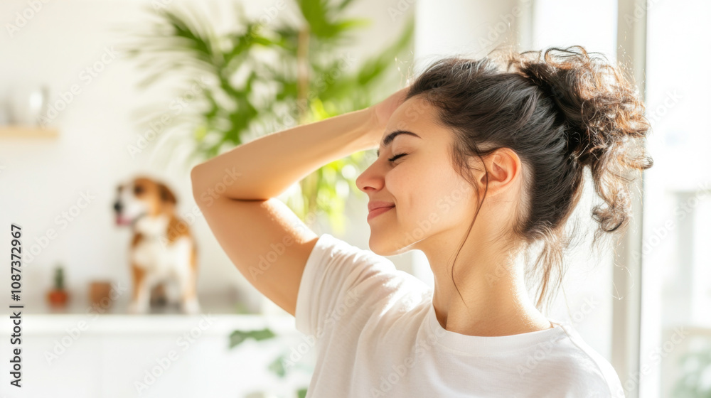 Young woman relaxing on sofa in bright living room surrounded by plants Young woman relaxing on sofa in bright living room surrounded by plants