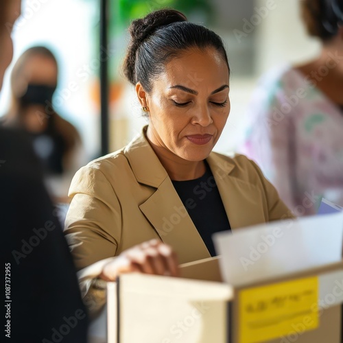 Woman voting at ballot box civic duty progress close up polling station dynamic Composite photo