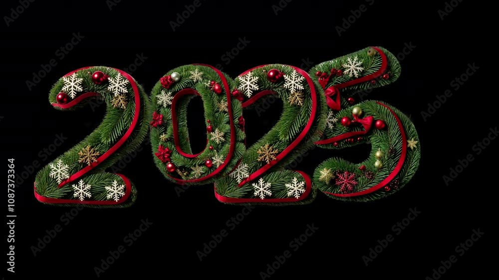 Decorative 2025 themed green fir boughs adorned with ornaments and ribbon suitable for holiday designs and festive concepts. Ideal for holiday themed graphics. Decorative 2025 themed green fir boughs adorned with ornaments and ribbon suitable for holiday designs and festive concepts. Ideal for holiday themed graphics.