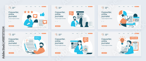 Copywriter concept of landing page with slide templates set in flat design. Website headers with people working as online journalists, write articles, make posts in social media. Vector illustrations.