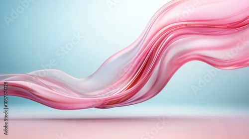 An abstract composition showcasing a soft pink swirl elegantly suspended in a bright airy space, exuding tranquility and gentle motion in its form.