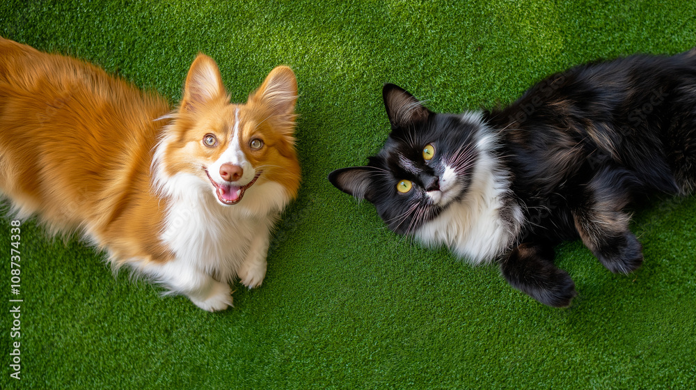 Cheerful corgi dog and curious black-and-white cat lying side by side on vibrant green grass, enjoying a sunny outdoor moment Cheerful corgi dog and curious black-and-white cat lying side by side on vibrant green grass, enjoying a sunny outdoor moment