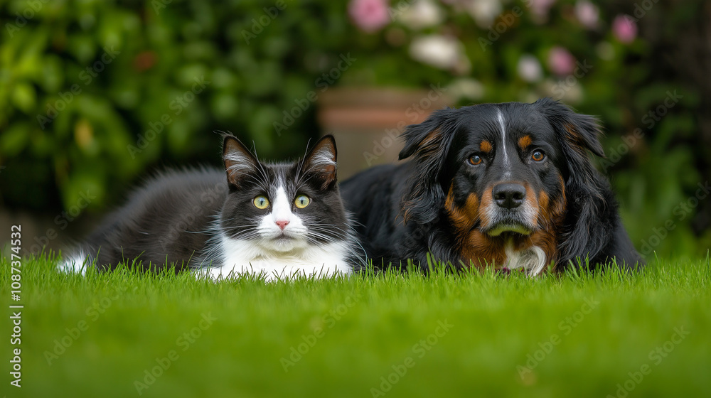 Black-and-white cat and tricolor dog lying together on vibrant green grass in a garden surrounded by blooming flowers and lush foliage Black-and-white cat and tricolor dog lying together on vibrant green grass in a garden surrounded by blooming flowers and lush foliage