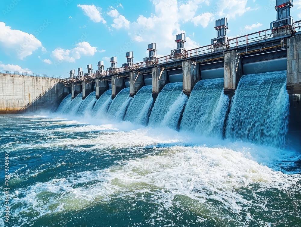 A dam with multiple spillways releases water into a river under a bright blue sky, showcasing the power of water management and hydroelectric energy. A dam with multiple spillways releases water into a river under a bright blue sky, showcasing the power of water management and hydroelectric energy.