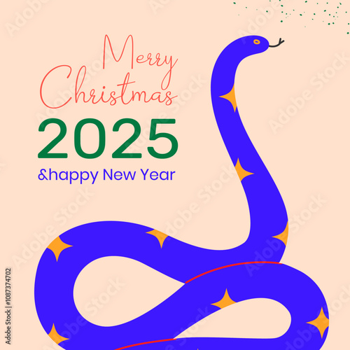 Merry Christmas and 2025 Happy new year card with blue snake. Greeting card, icon.Template for poster, banner, holiday cover. Vector illustration EPS10