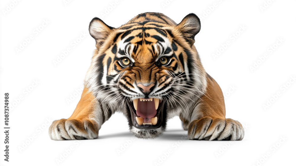 Fototapeta premium Fierce Tiger Roaring with Intensity on White Background