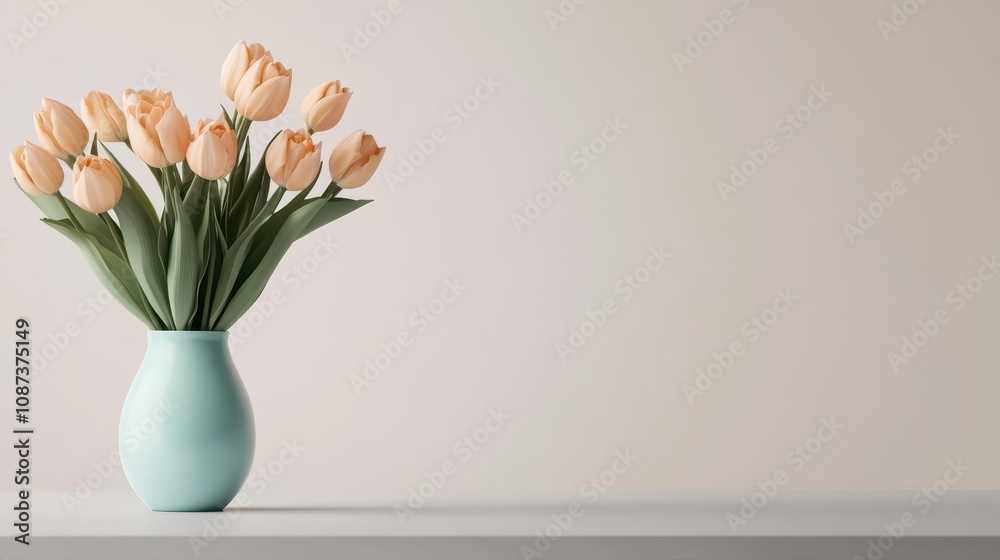A bouquet of light orange tulips in a pastel blue vase on a simple table, realistic, high resolution A bouquet of light orange tulips in a pastel blue vase on a simple table, realistic, high resolution