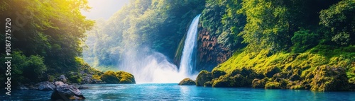 Majestic waterfall cascading into a crystalblue pool sunlight filtering through trees mossy rocks vibrant mist panoramic view photo