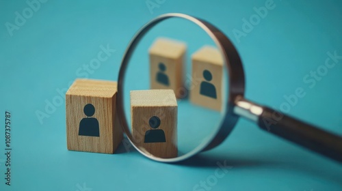 Wooden blocks with people icons viewed through a magnifying glass, symbolizing focus on individuals.