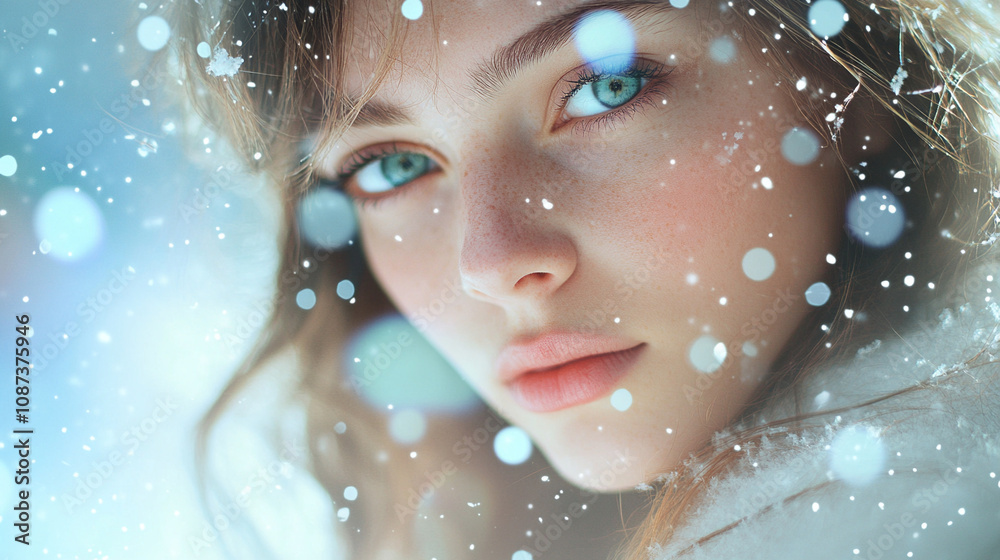 Fashion Model on Frosty Background with Snowflakes on Snowy Background Fashion Model on Frosty Background with Snowflakes on Snowy Background