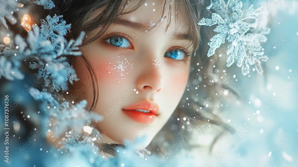 Fashion Model on Frosty Background with Snowflakes on Snowy Background Fashion Model on Frosty Background with Snowflakes on Snowy Background