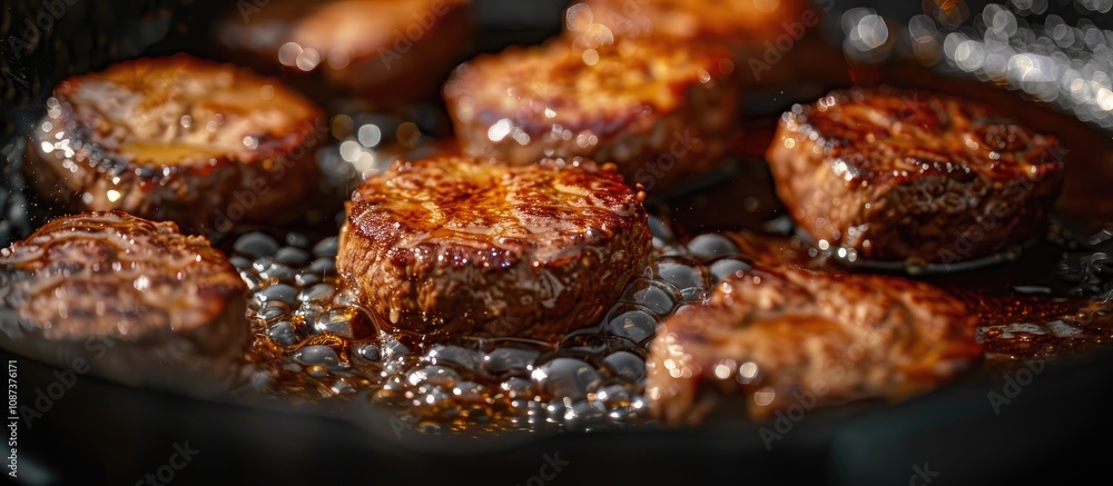 Frying Beef Cutlets in a Black Skillet with Vegetable Oil Frying Beef Cutlets in a Black Skillet with Vegetable Oil