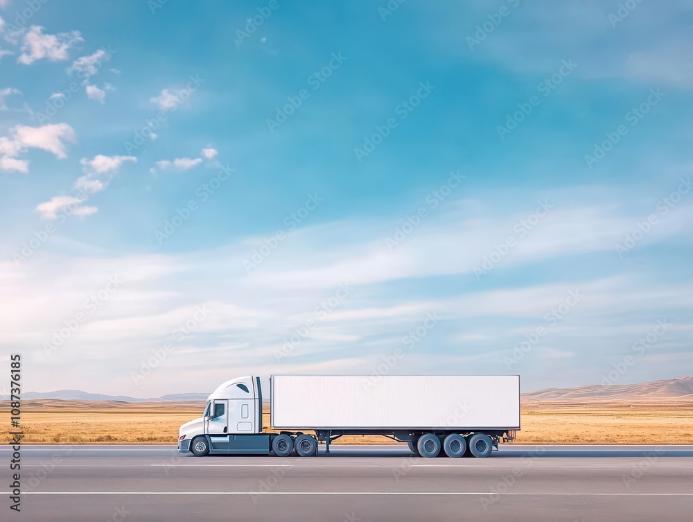 Highway with heavyduty truck transporting goods across long stretch of open road, side view, capturing scale of modern logistics, cybernetic tone, Tetradic color scheme Highway with heavyduty truck transporting goods across long stretch of open road, side view, capturing scale of modern logistics, cybernetic tone, Tetradic color scheme