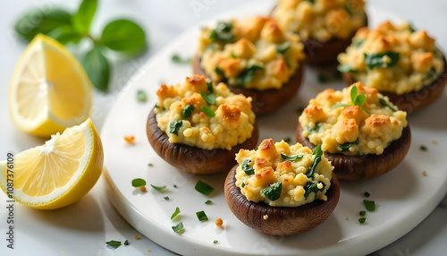 An overhead shot of stuffed mushrooms with a blend of melted cream cheese, spinach, and breadcrumbs, placed on a white marble countertop with a side of fresh lemon wedges.