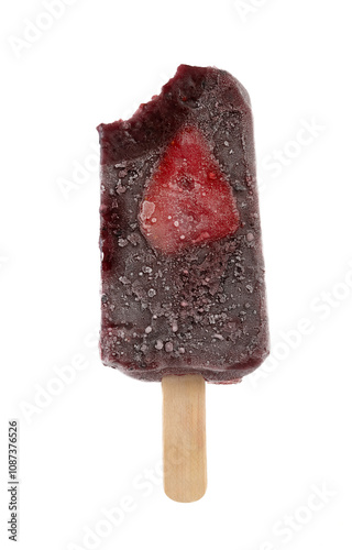 mulberry and blue berry flavor popsicle with a bite on white background photo