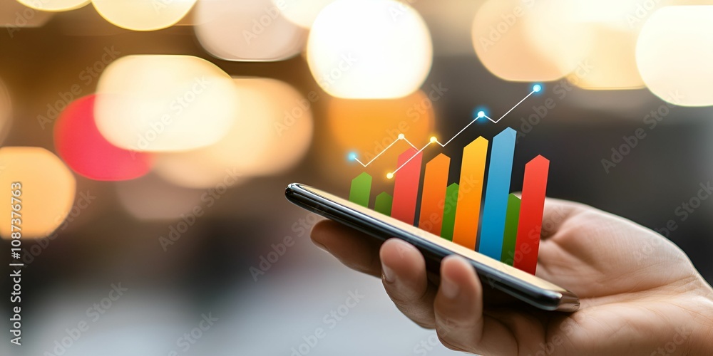 A hand holds a smartphone displaying colorful bar graphs, symbolizing data analysis and growth against a blurred background of lights. A hand holds a smartphone displaying colorful bar graphs, symbolizing data analysis and growth against a blurred background of lights.