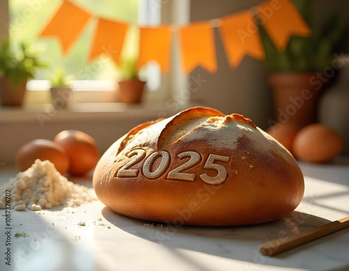 Artisan sourdough bread with '2025' etched on the crust, displayed on a marble countertop, surrounded by ingredients like flour and eggs, with a festive New Year banner hanging in the background