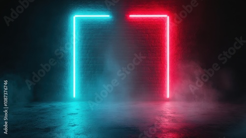 A misty urban scene featuring structured red and blue neon lights, evoking a sense of futuristic mystery and urban exploration in a minimalist setting.