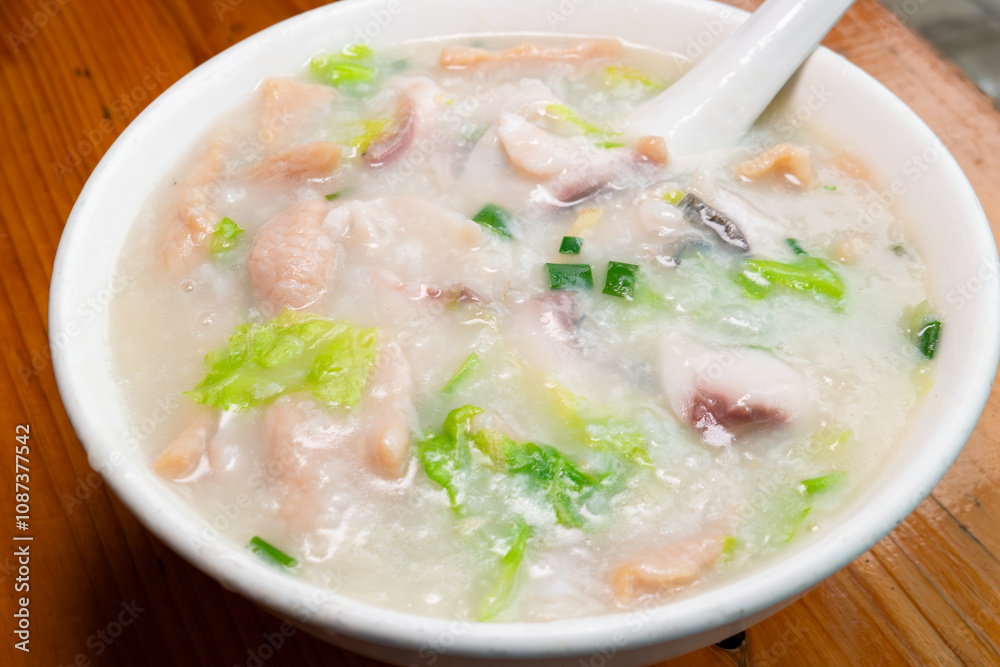 angle view fish slices and pork porridge at horizontal composition angle view fish slices and pork porridge at horizontal composition