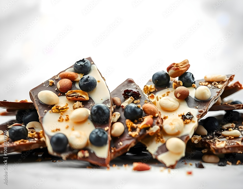 Chocolate bark broken into shards, showcasing a mix of dark chocolate and white chocolate, with a variety of nuts like pistachios and macadamia nuts, dotted with dried blueberries Chocolate bark broken into shards, showcasing a mix of dark chocolate and white chocolate, with a variety of nuts like pistachios and macadamia nuts, dotted with dried blueberries