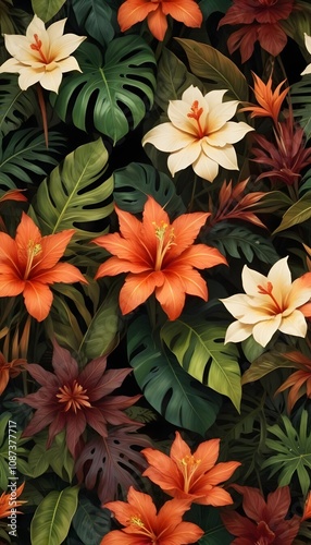 Tropical exotic pattern with animal and flowers in bright colors and lush vegetation