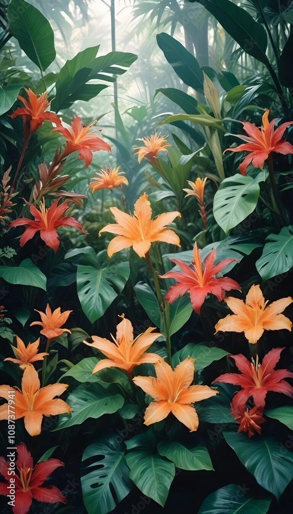 Tropical exotic pattern with animal and flowers in bright colors and lush vegetation Tropical exotic pattern with animal and flowers in bright colors and lush vegetation